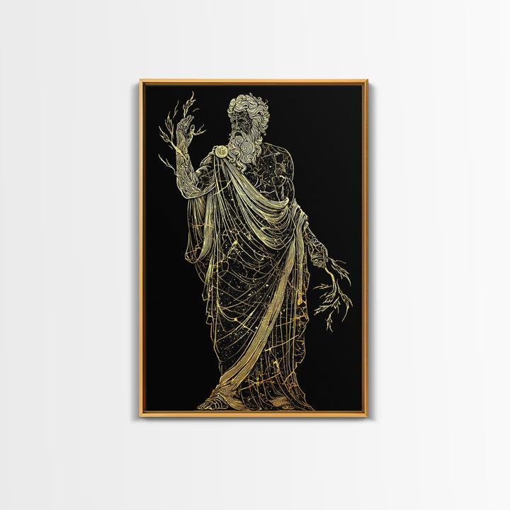 Greek God Canvas Gold Art, Zeus Mythology Wall Print, Lightning Power Decor, Luxury Canvas Artwork, Real Wood Frame