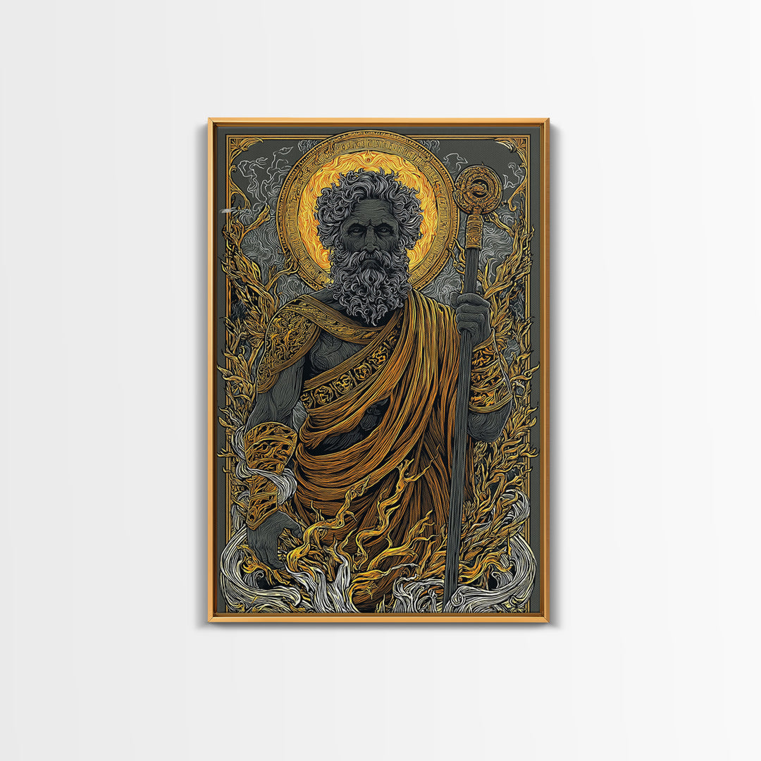 Mythical Elder Canvas Gold Art, Eternal Wisdom Wall Print, Ancient Greek God Decor, Luxury Canvas Artwork, Real Wood Frame