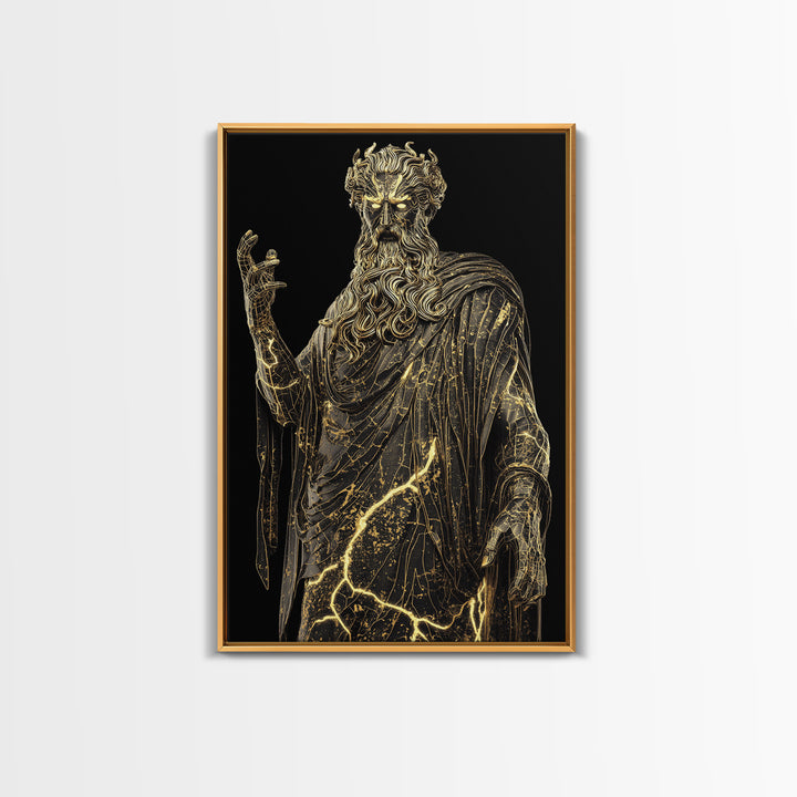 Thunder God Canvas Gold Canvas Print, Zeus Mythology Wall Art, Lightning Power Decor, Luxury Classical Artwork, Real Wood Frame
