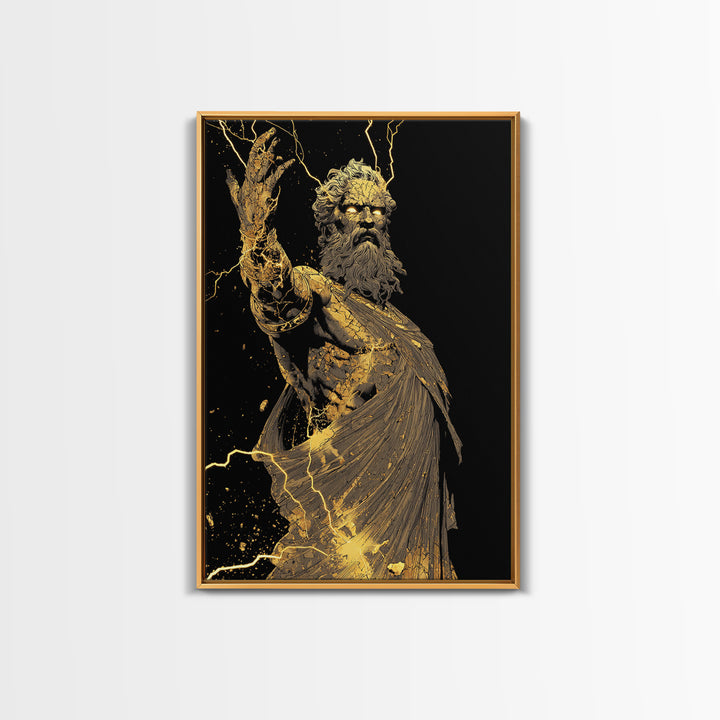 Heavenly Ruler Canvas Gold Canvas Print, Zeus Divine Wall Art, Lightning God Decor, Luxury Mythology Artwork, Real Wood Frame