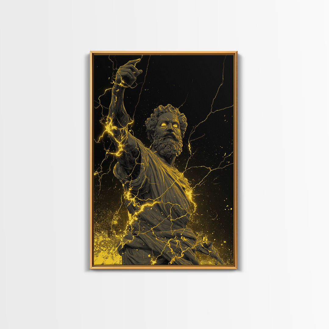 Lightning God Canvas Gold Art, Powerful Zeus Wall Print, Mythology Inspired Decor, Ancient Greek Canvas Artwork, Real Wood Frame