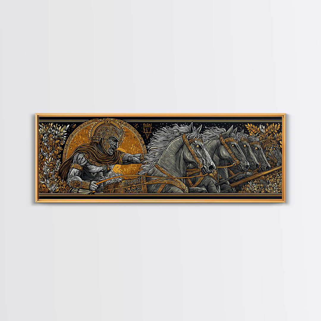 Heroic Greek Warrior With Horses, Ancient Mythology Wall Decor, Gold Canvas Print, Real Wood Frame
