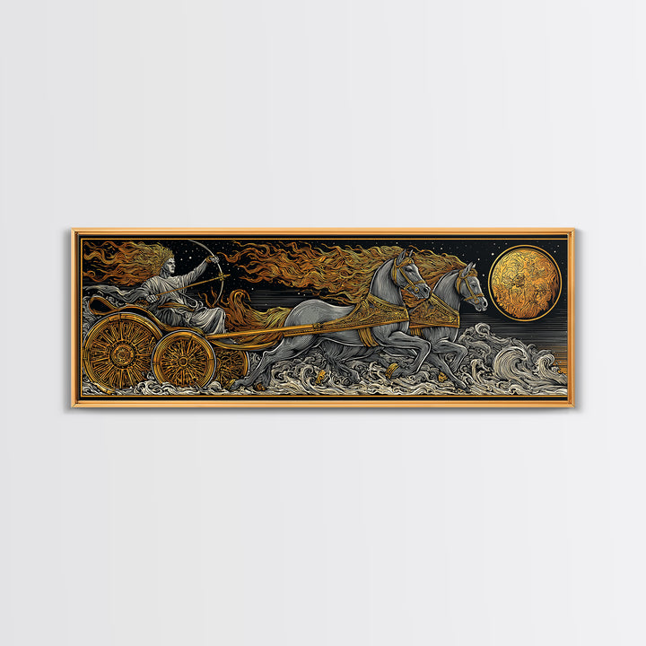 Sun God Chariot, Mythological Horses And Flames Wall Decor, Gold Canvas Print, Real Wood Framed Art