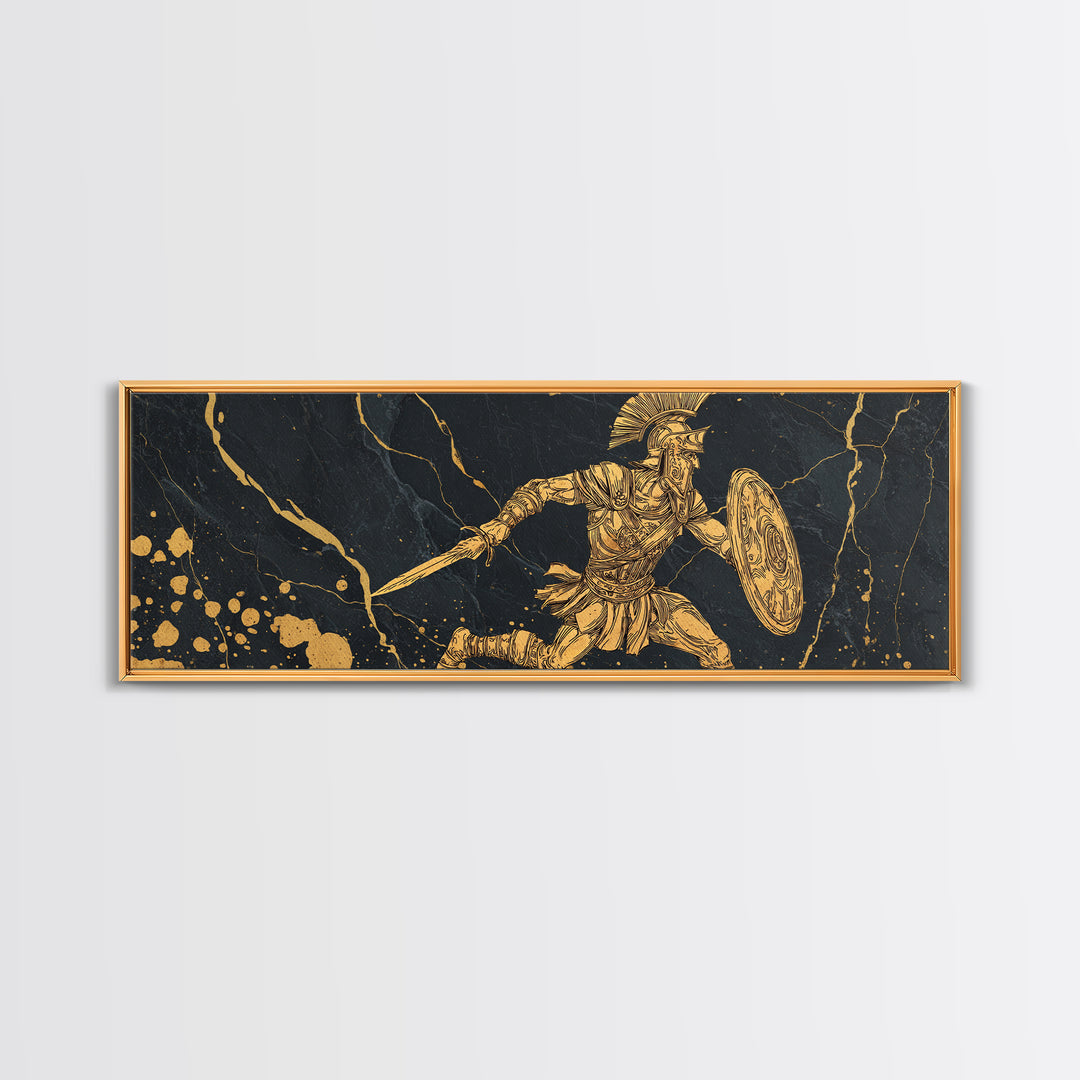 Spartan Warrior With Sword And Shield, Ancient Greek Mythology Wall Decor, Gold Canvas Print, Real Wood Frame