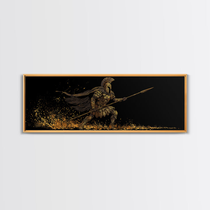 Spartan Warrior With Flowing Cape And Spear, Ancient Greek Mythology Decor, Gold Canvas Print, Real Wood Frame