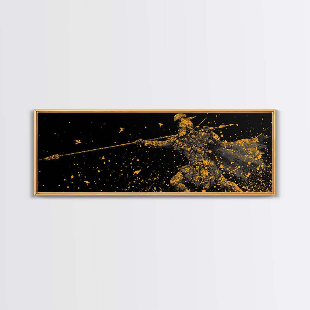 Greek Warrior Throwing Spear In Battle, Ancient Spartan Hero Wall Art, Gold Canvas Print, Real Wood Frame