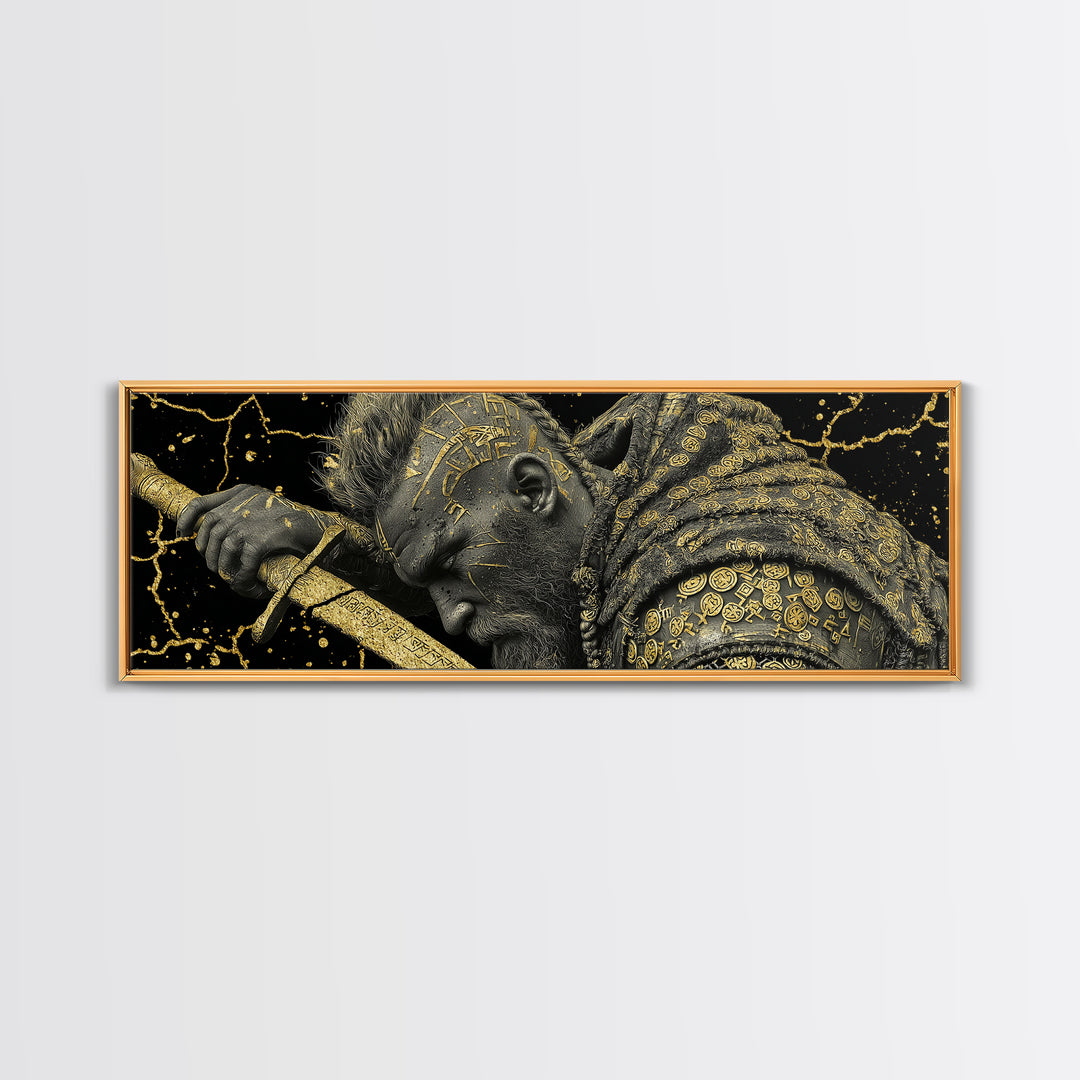 Viking Warrior With Sword And Runes, Mythological Hero Artwork, Gold Canvas Print, Real Wood Frame
