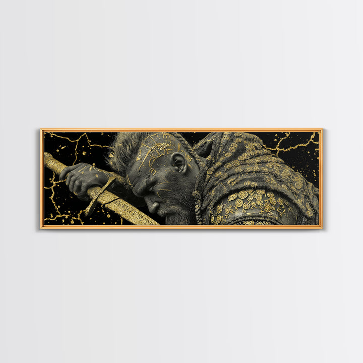 Viking Warrior With Sword And Runes, Mythological Hero Artwork, Gold Canvas Print, Real Wood Frame