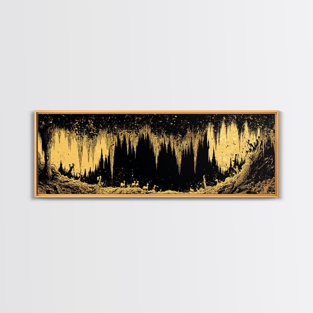 Golden Cave With Stalactites And Figures, Mythological Decorative Wall Art, Gold Canvas Print, Real Wood Frame