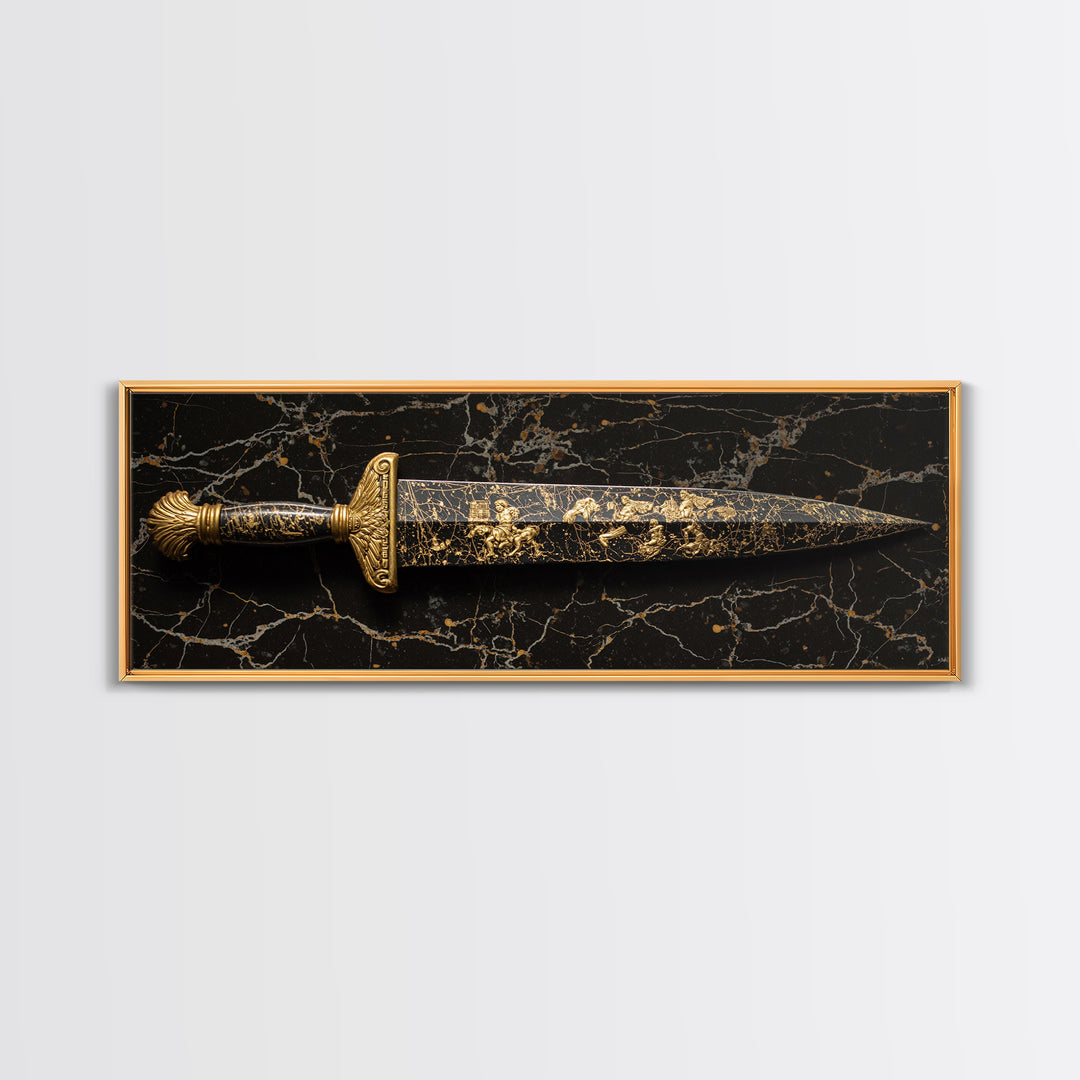 Ancient Greek Sword Engraved With Mythology, Decorative Heroic Weapon Artwork, Gold Canvas Print, Real Wood Frame