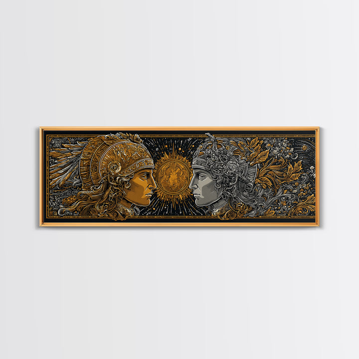 Warrior Gods Face To Face, Ancient Mythological Helmet Artwork, Gold Canvas Print, Real Wood Frame Wall Art