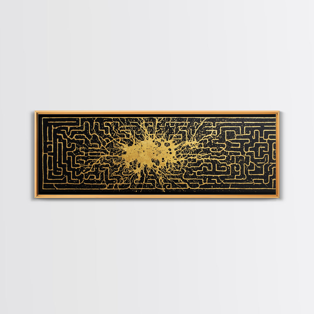 Intricate Labyrinth Pattern Artwork, Mythological Maze Wall Decor, Gold Canvas Print, Real Wood Frame