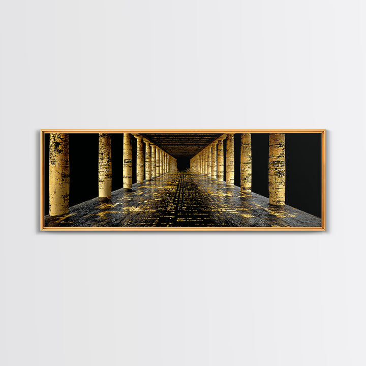 Endless Golden Pillars Corridor, Ancient Greek Architecture Gold Canvas Print, Mythology Wall Art, Real Wood Frame