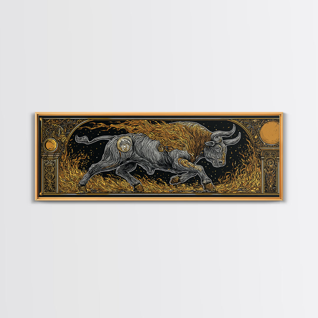 Fiery Bull Of Mythology, Charging Beast Symbol Of Strength, Gold Canvas Print, Real Wood Frame Wall Artwork