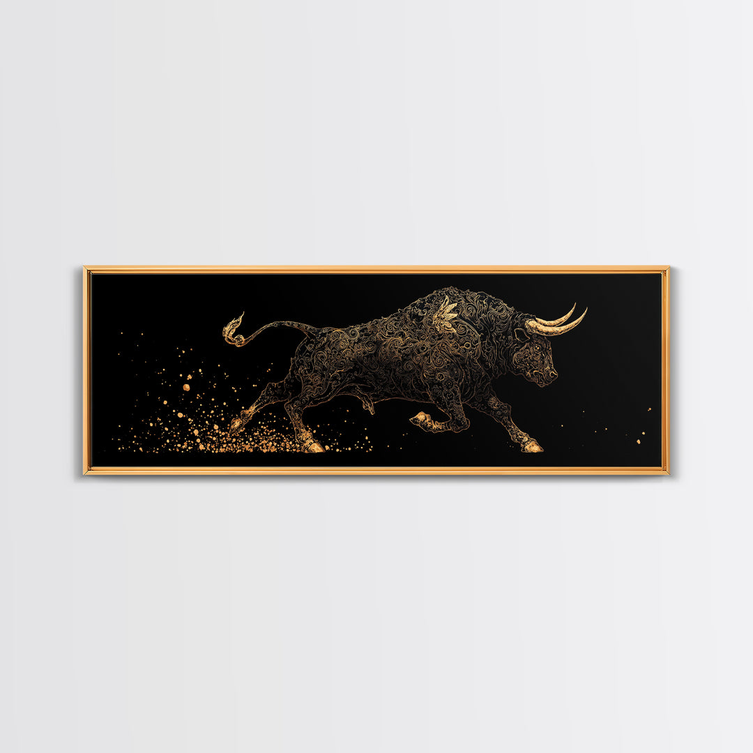 Ornamental Bull In Motion, Intricate Mythological Strength Symbol, Gold Canvas Print, Real Wood Frame Wall Art