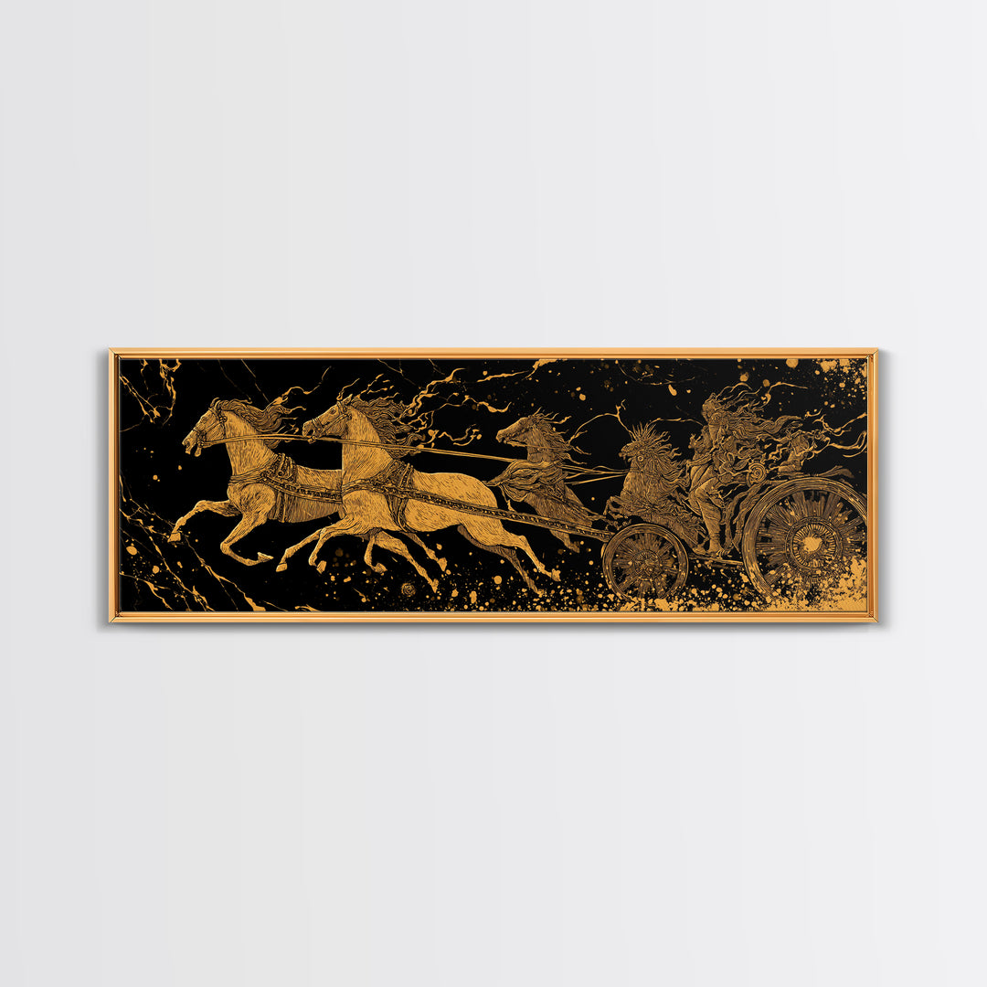 Ancient Chariot Battle Scene, Mythical Horses And Warrior Artwork, Gold Canvas Print, Real Wood Frame Wall Decor
