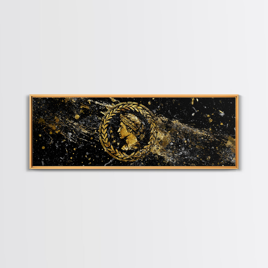 Roman Coin Inspired Portrait, Classical Ancient Empire Wall Artwork, Gold Canvas Print, Real Wood Frame Art