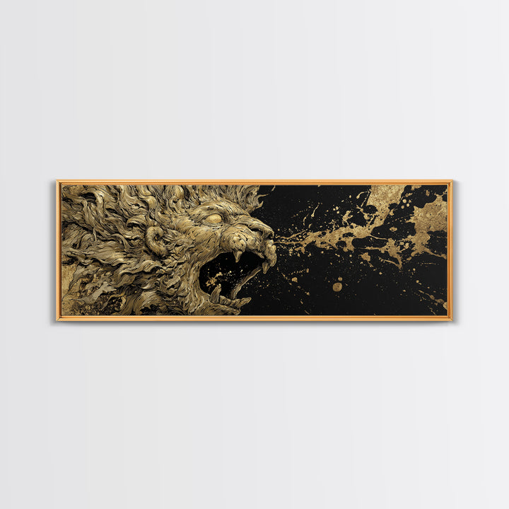 Roaring Lion Of Mythology, Fierce King Of Beasts Ancient Artwork, Gold Canvas Print, Real Wood Frame Wall Decor