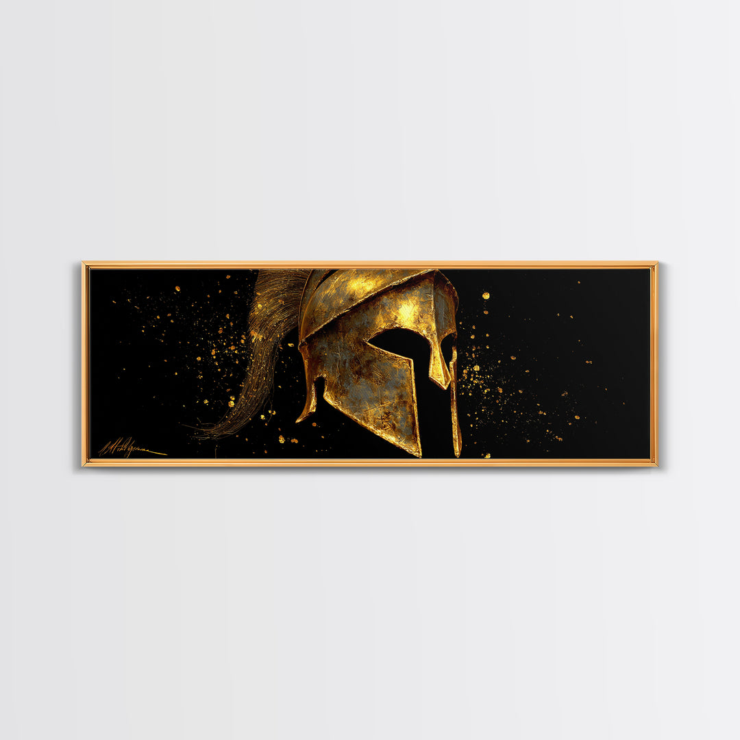 Spartan Warrior Helmet, Ancient Greek Armor Mythological Artwork, Gold Canvas Print, Real Wood Frame Wall Art