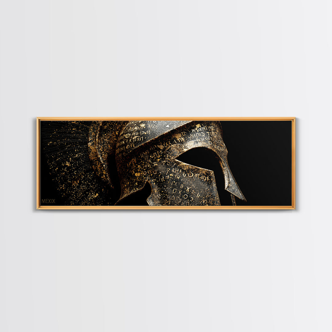 Spartan Helmet Close Up, Ancient Greek Warrior Armor Wall Decor, Gold Canvas Print, Real Wood Frame