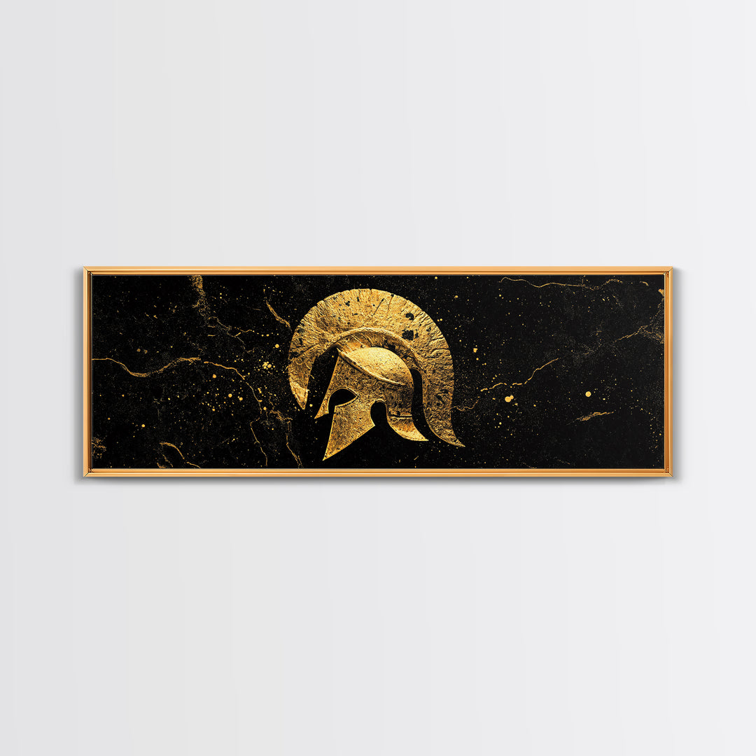Greek Hoplite Helmet, Ancient Warrior Armor Symbol Wall Artwork, Gold Canvas Print, Real Wood Frame Wall Decor