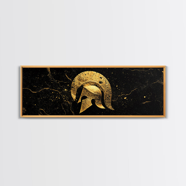 Greek Hoplite Helmet, Ancient Warrior Armor Symbol Wall Artwork, Gold Canvas Print, Real Wood Frame Wall Decor