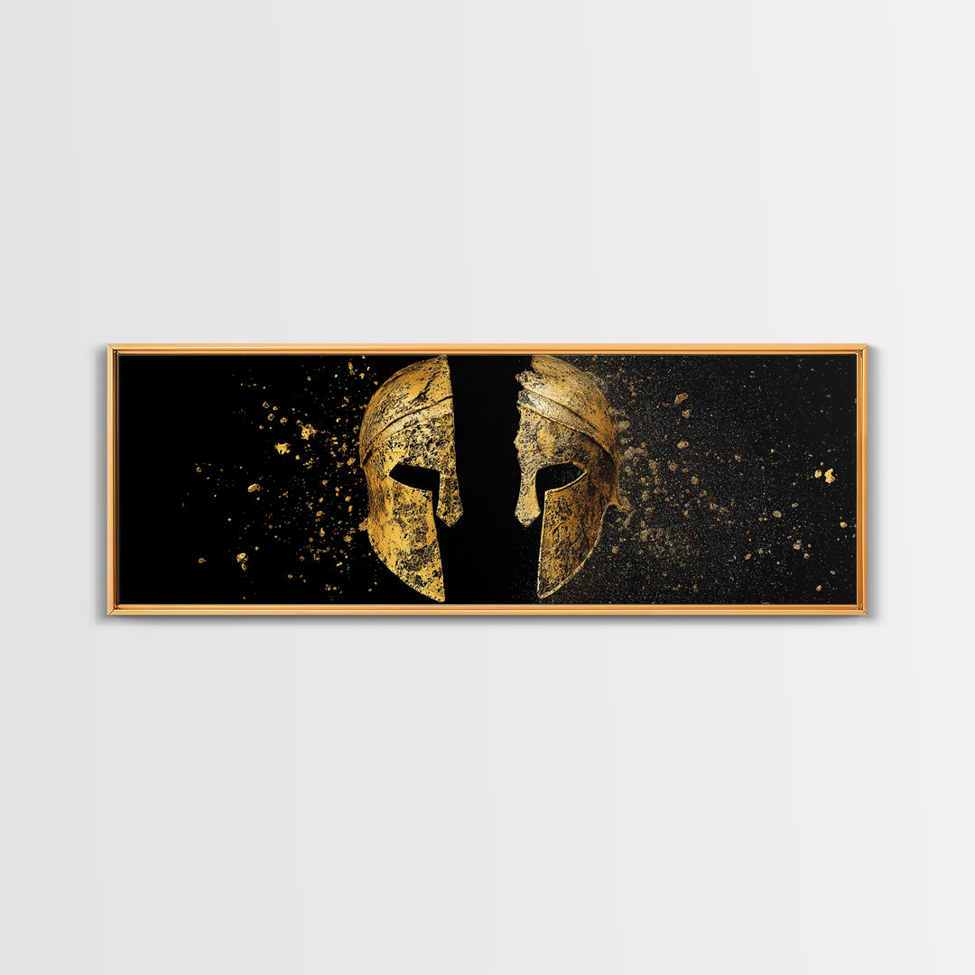 Ancient Spartan Helmet Split Design, Warrior Armor Mythology Artwork, Gold Canvas Print, Real Wood Frame Wall Decor