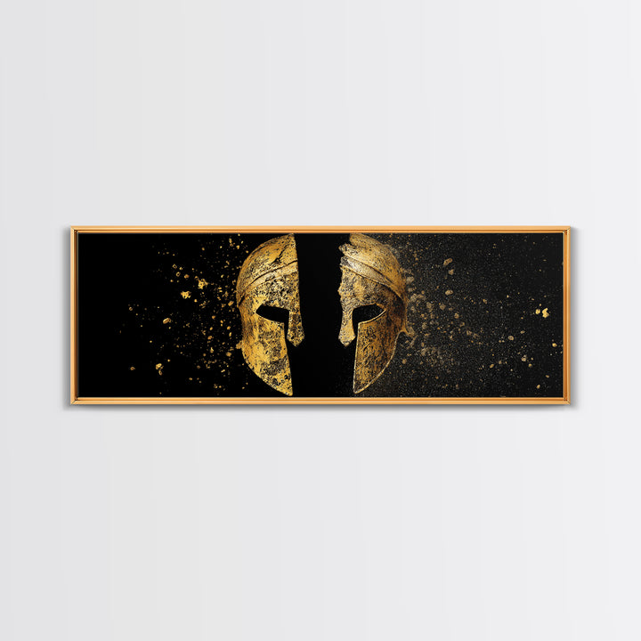 Ancient Spartan Helmet Split Design, Warrior Armor Mythology Artwork, Gold Canvas Print, Real Wood Frame Wall Decor