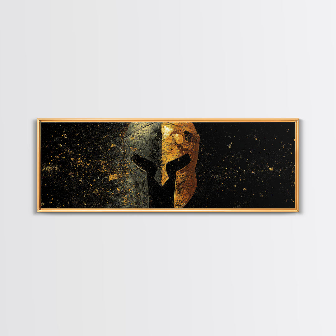 Half Face Spartan Helmet, Ornate Warrior Armor Greek Mythology Artwork, Gold Canvas Print, Real Wood Frame Wall Art