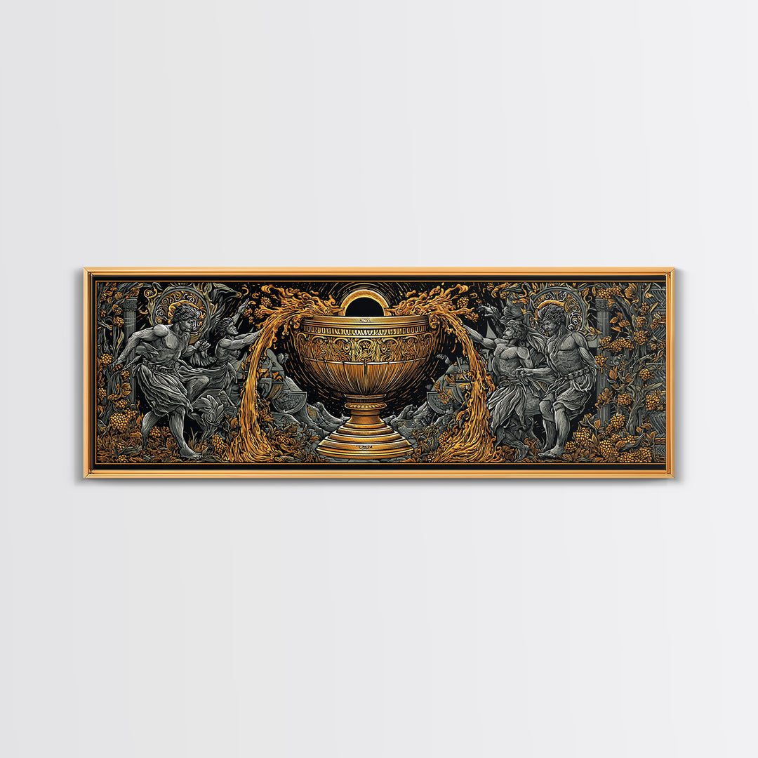 Ancient Chalice Of Gods, Mythological Cup With Figures And Flowing Design, Gold Canvas Print, Real Wood Frame Artwork