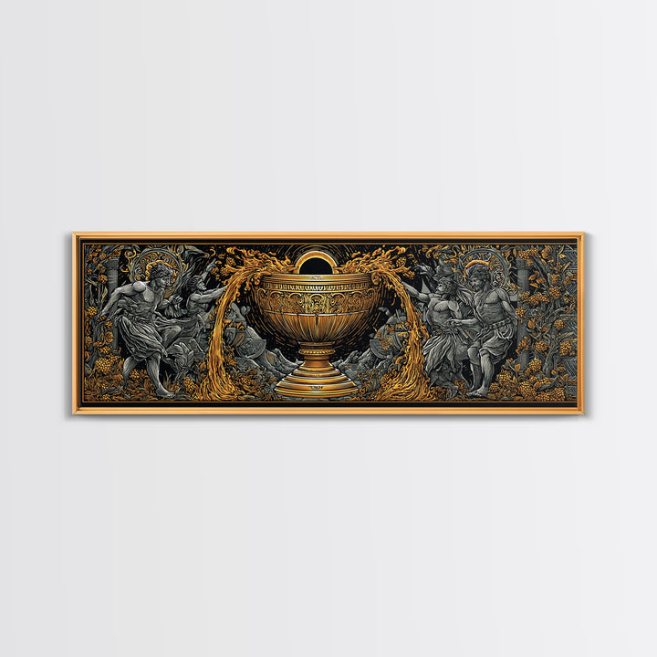 Ancient Chalice Of Gods, Mythological Cup With Figures And Flowing Design, Gold Canvas Print, Real Wood Frame Artwork