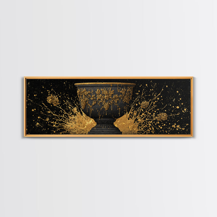 Grapevine Chalice Artwork, Classical Mythological Cup Decorative Wall Design, Gold Canvas Print, Real Wood Frame Wall Art