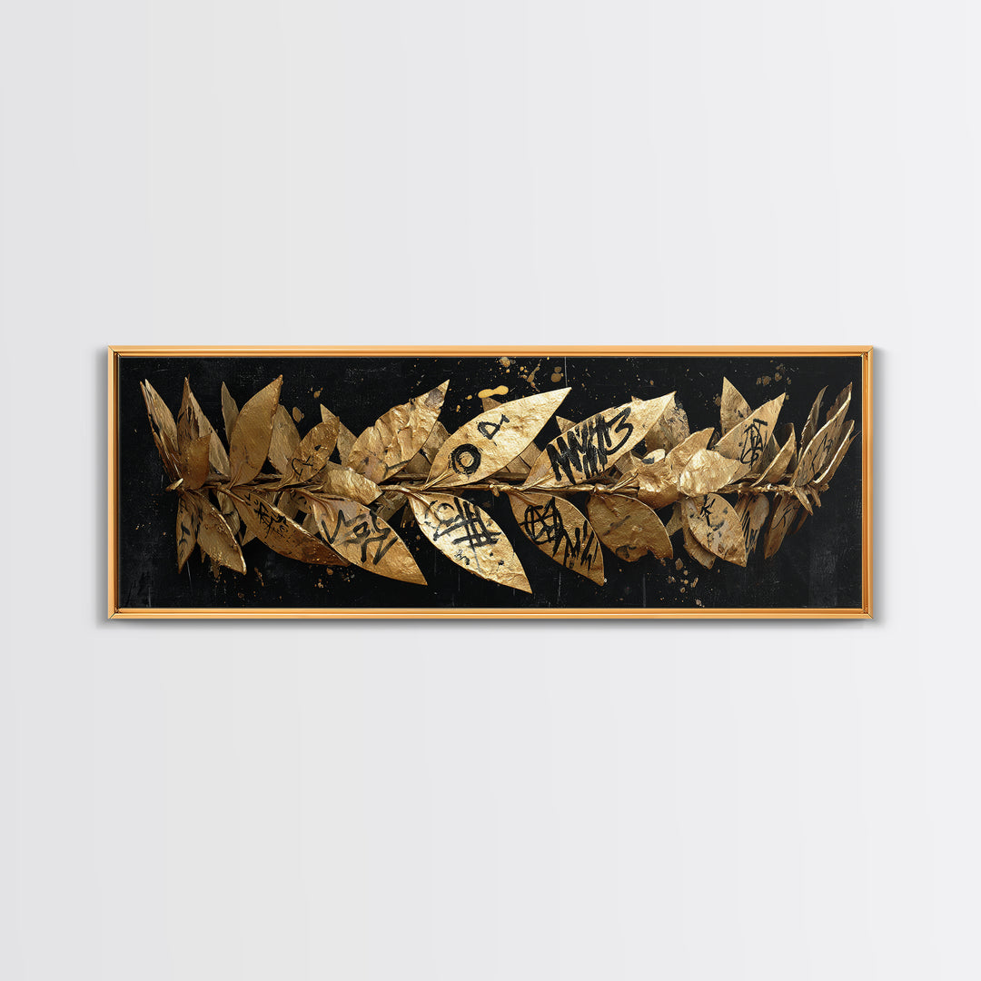 Laurel Wreath Crown, Ancient Greek Symbol Of Victory Decorative Wall Artwork, Gold Canvas Print, Real Wood Frame Decor