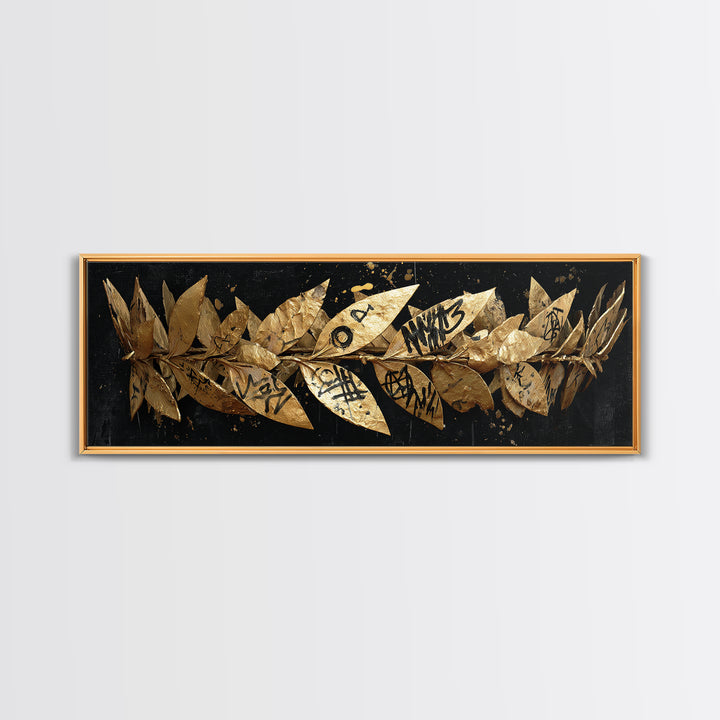 Laurel Wreath Crown, Ancient Greek Symbol Of Victory Decorative Wall Artwork, Gold Canvas Print, Real Wood Frame Decor