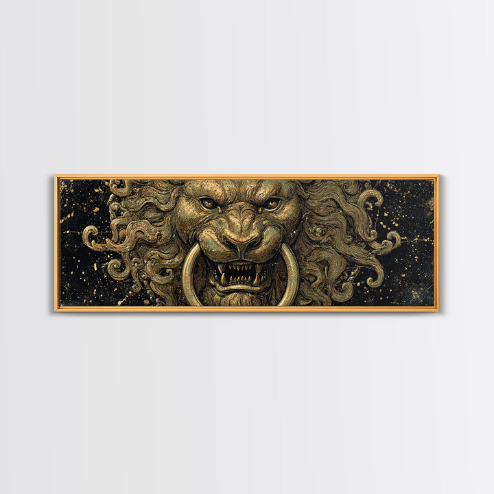Roaring Lion Head, Fierce Mythological Beast Symbol Of Power Wall Artwork, Gold Canvas Print, Real Wood Frame Wall Decor