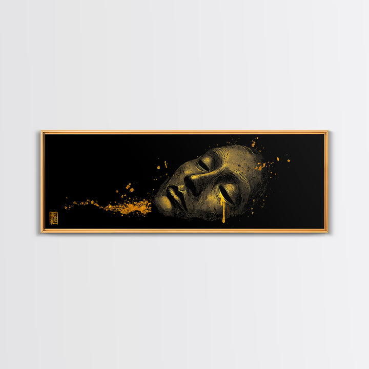 Crying Mask Artwork, Mythological Tragedy Symbol Dramatic Face Wall Design, Gold Canvas Print, Real Wood Frame Wall Art