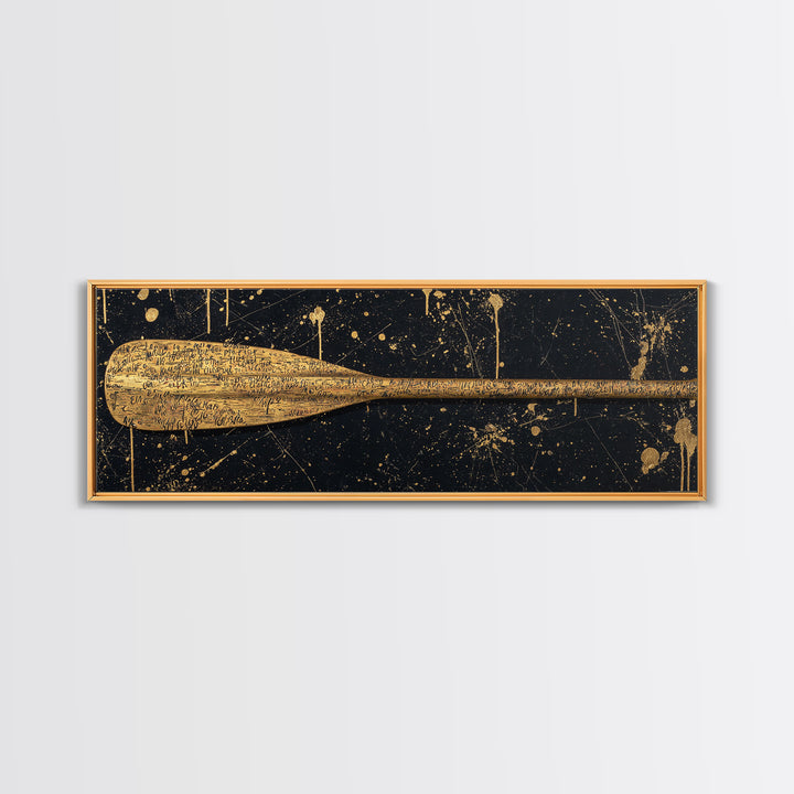 Ancient Oar Artwork, Mythological Paddle With Script Decorative Wall Design, Gold Canvas Print, Real Wood Frame Wall Art