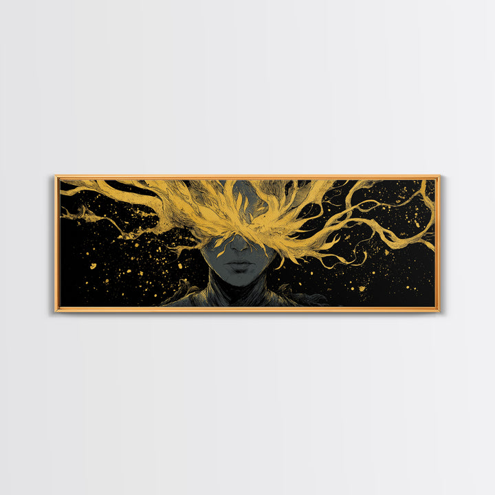 Blinded Mythological Figure, Flowing Fire Vision Symbolic Wall Artwork, Gold Canvas Print, Real Wood Frame Wall Decor
