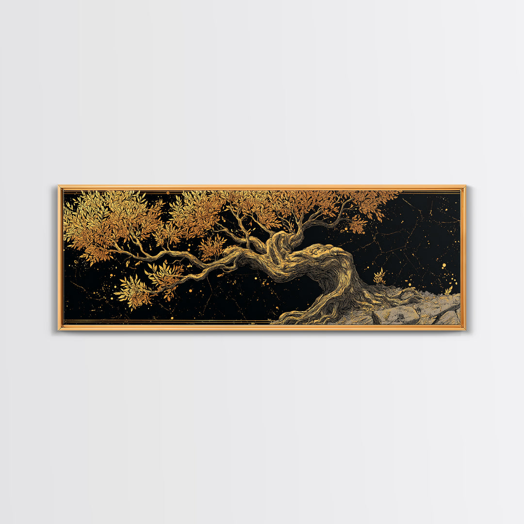 Ancient Olive Tree Artwork, Mythological Symbol Of Peace Decorative Wall Design, Gold Canvas Print, Real Wood Frame Art