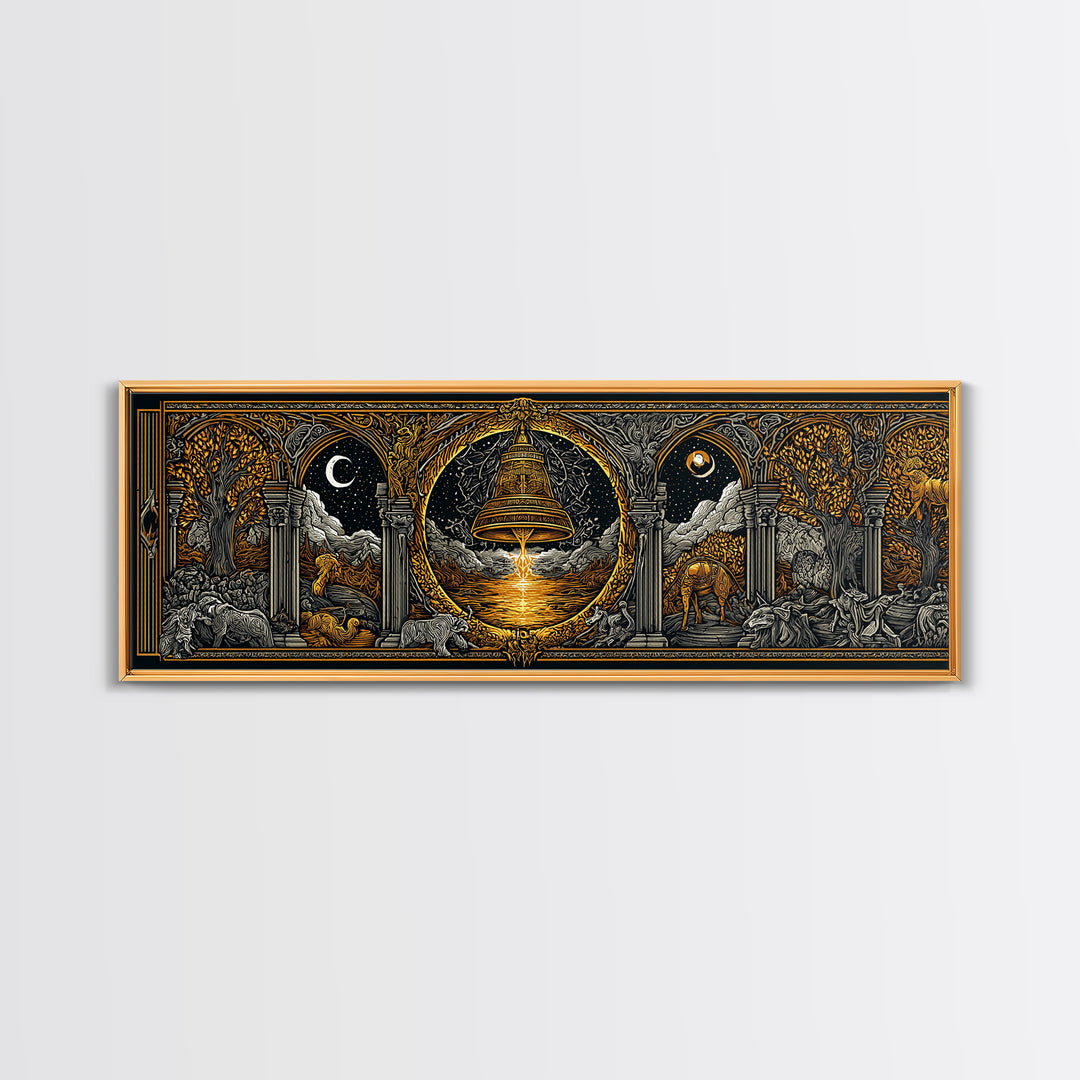 Mythological Temple Scene With Golden Bell, Classical Arches And Night Sky Artwork, Gold Canvas Print, Real Wood Frame