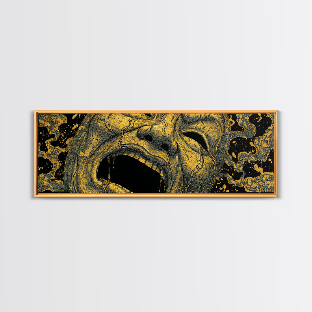 Screaming Tragedy Mask, Ancient Greek Mythological Theater Artwork, Gold Canvas Print, Real Wood Frame Wall Decor