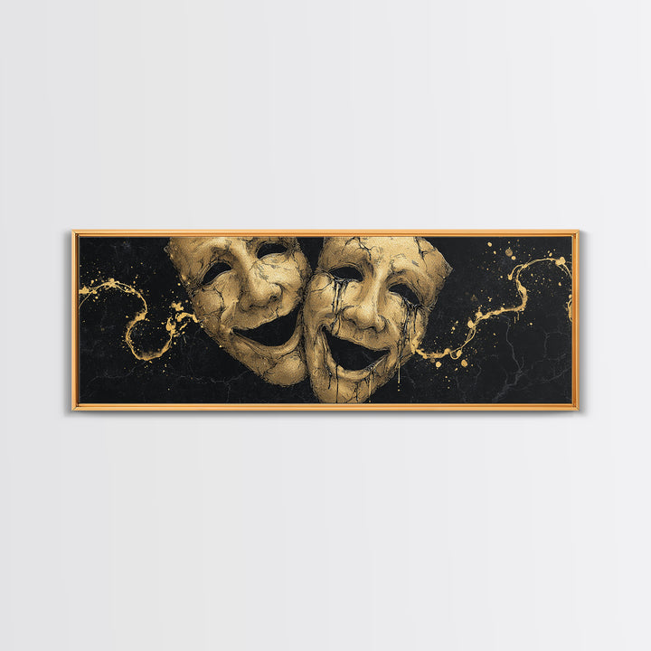 Comedy And Tragedy Masks, Ancient Greek Theater Symbolic Mythological Artwork, Gold Canvas Print, Real Wood Frame Wall Art