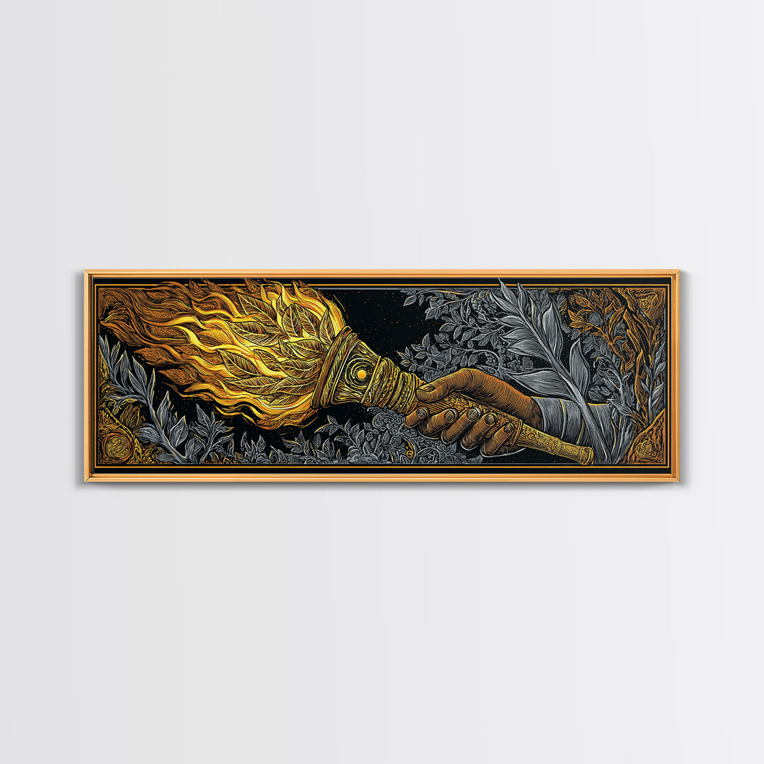 Ancient Torch Of Flames, Mythological Fire Symbol Decorative Wall Artwork, Gold Canvas Print, Real Wood Frame Wall Decor
