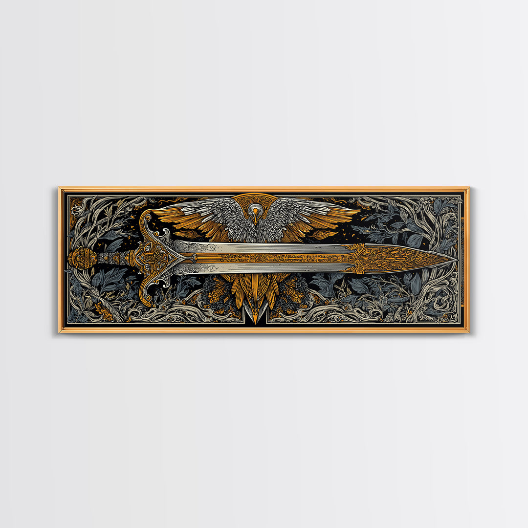 Sword With Wings, Mythological Weapon And Guardian Bird Decorative Wall Artwork, Gold Canvas Print, Real Wood Frame Art