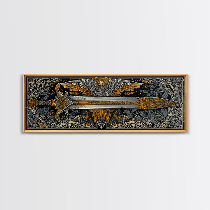 Sword With Wings, Mythological Weapon And Guardian Bird Decorative Wall Artwork, Gold Canvas Print, Real Wood Frame Art