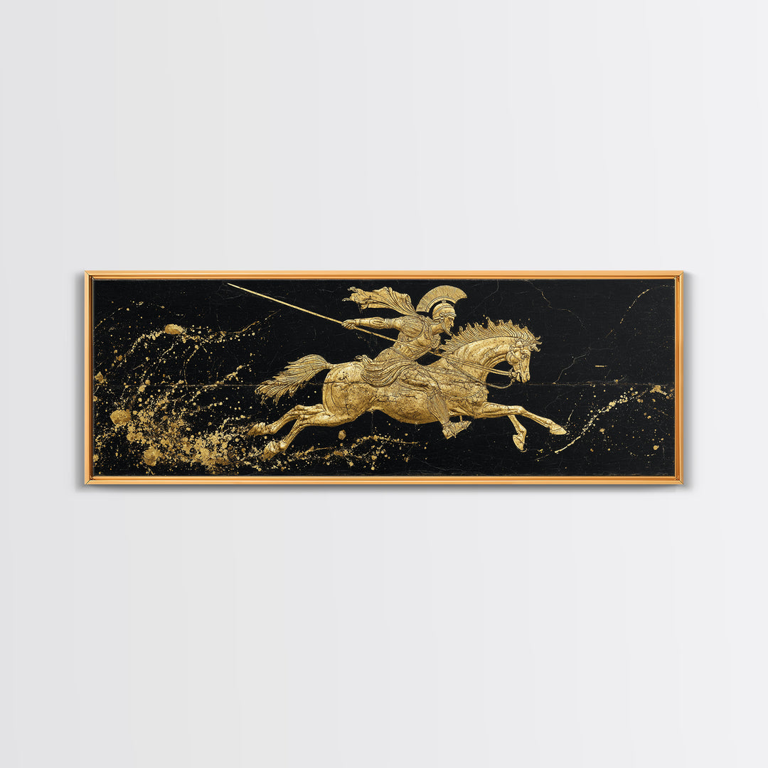 Spartan Warrior On Horse, Ancient Greek Mythological Rider With Spear Artwork, Gold Canvas Print, Real Wood Frame Wall Decor