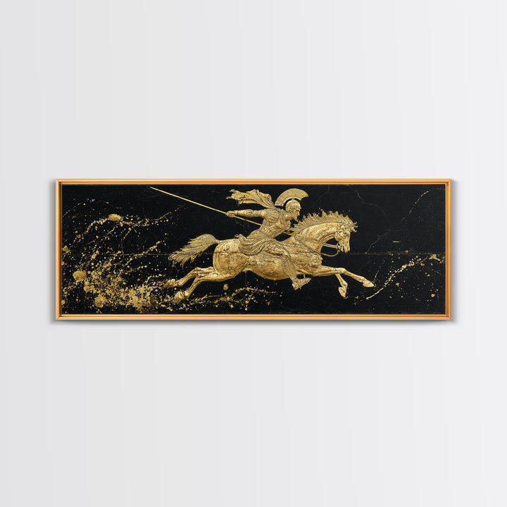 Spartan Warrior On Horse, Ancient Greek Mythological Rider With Spear Artwork, Gold Canvas Print, Real Wood Frame Wall Decor