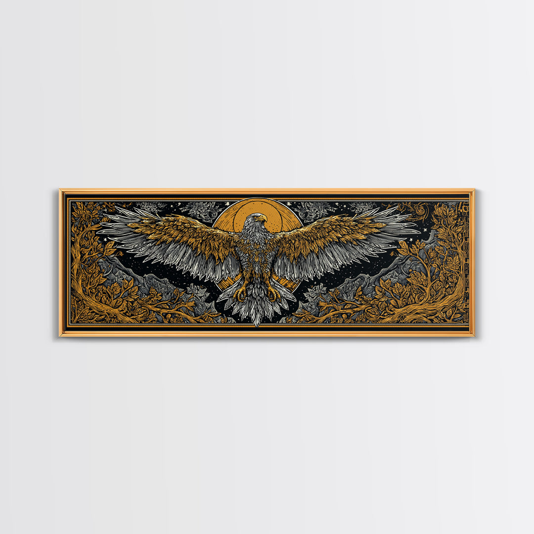 Majestic Golden Eagle Rising, Mythical Bird Of Power Wall Decor, Gold Canvas Print, Real Wood Framed Art
