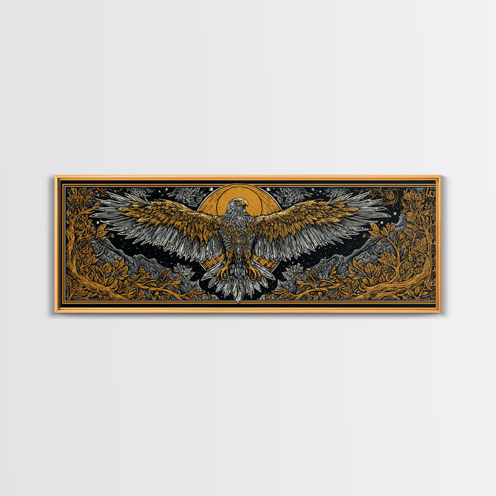 Majestic Golden Eagle Rising, Mythical Bird Of Power Wall Decor, Gold Canvas Print, Real Wood Framed Art