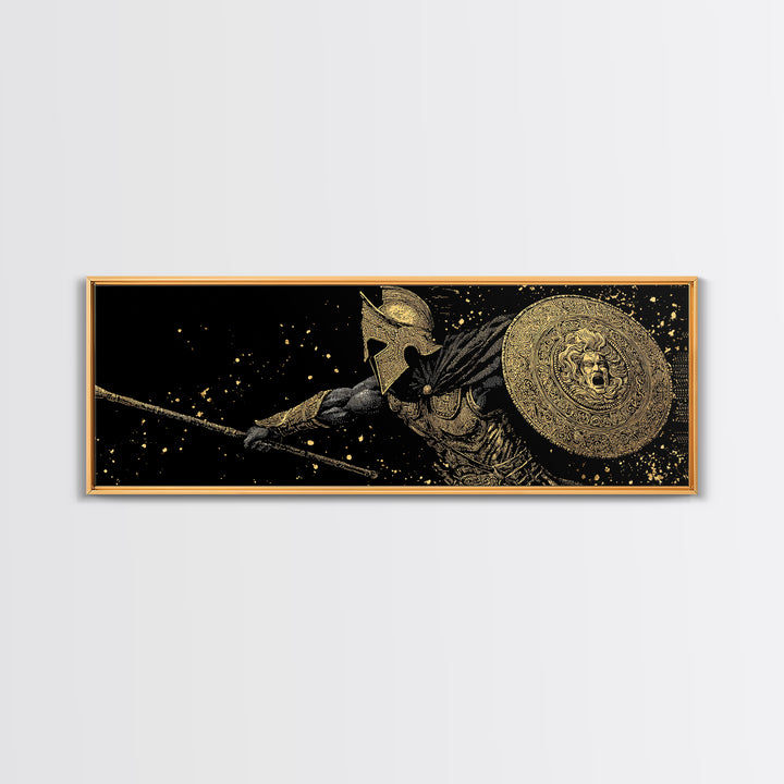 Heroic Warrior With Shield, Ancient Greek Spartan Mythological Battle Artwork, Gold Canvas Print, Real Wood Frame Wall Decor